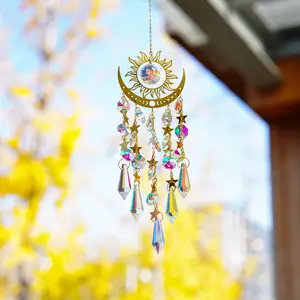 Crystal Suncatcher Wind Chime - Bohemian Glass Iron Moon Sun Catcher, Hanging Rainbow Prism Pendant, No-Electricity Home Window Garden Witch Decor Gift, 1 Pcs Gold & Silver