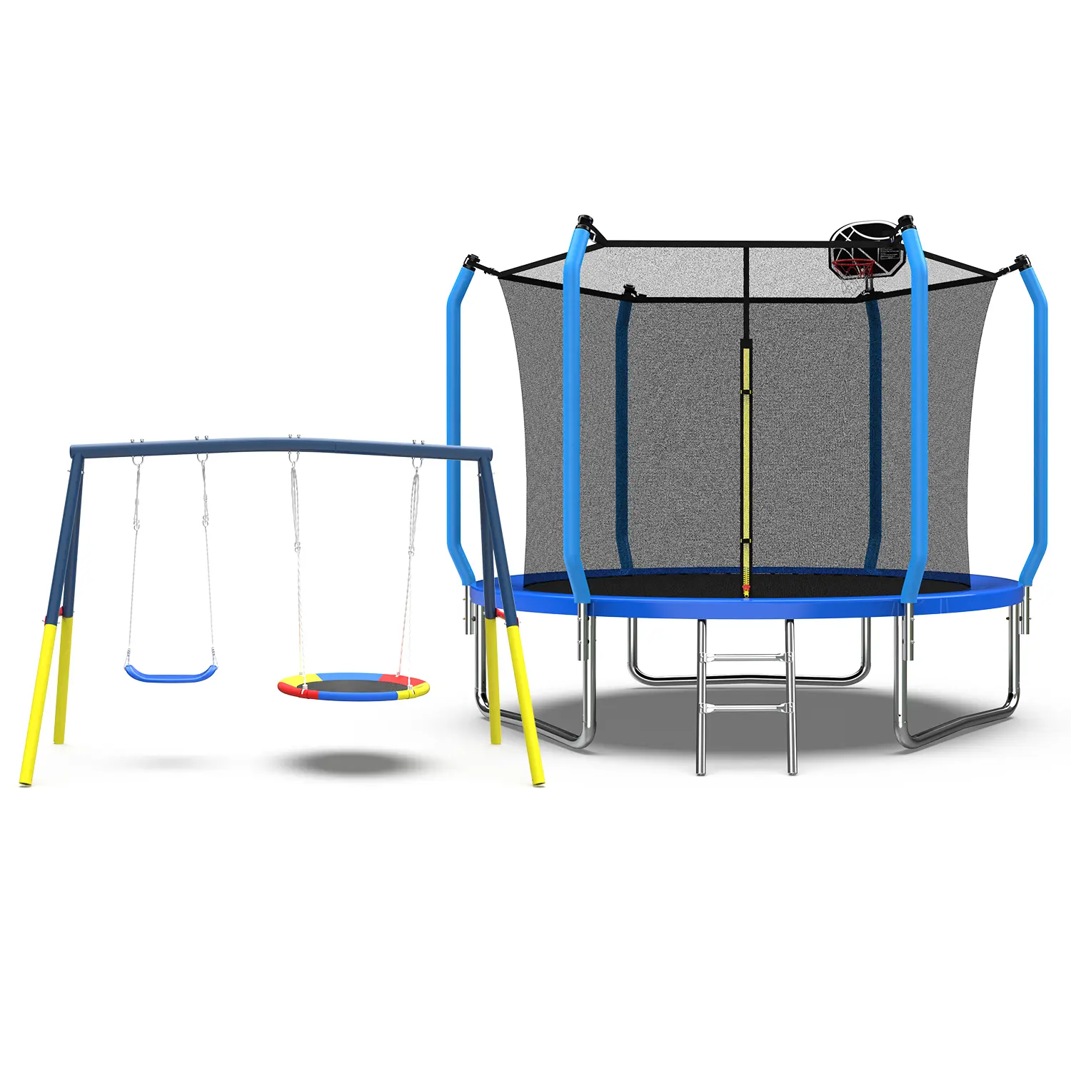 Mersco 8FT Trampoline with Enclosure Net,Swing Set, Outdoor Trampoline with Basketball Hoop for Kid,1320 LBS Trampoline with Swing Set for Backyard,Birthday & Holiday Gifts for Kids,Blue,dearsforyoudays