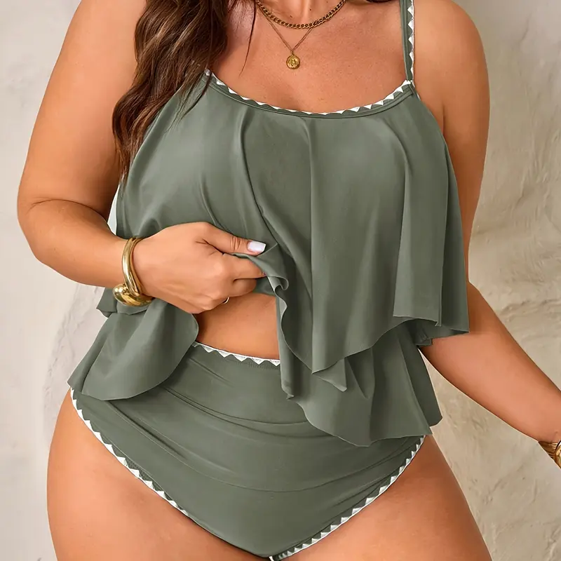Women's Plus Size Fashion Elegant Slimming Backless Ruffle Two-Piece Tankini Swimsuits Set, Sexy Push Up Style Swimwear Set
