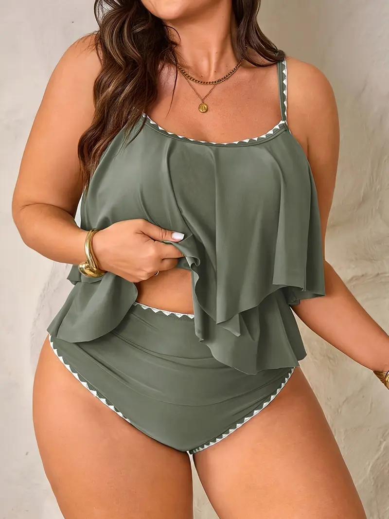 Women's Plus Size Fashion Elegant Slimming Backless Solid Color Ruffle Two-Piece Bikini Set, Sexy Ditsy Floral Push Up Style, Tankini Swimwear Set