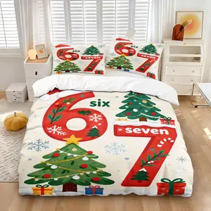 Christmas Theme & Digit Six Seven Duvet Cover Set, Includes Quilt Cover and Pillowcases, Personality & Trendy Patterns, Comfortable Bedding, Perfect for Bedroom and Dorm Decoration or Gift