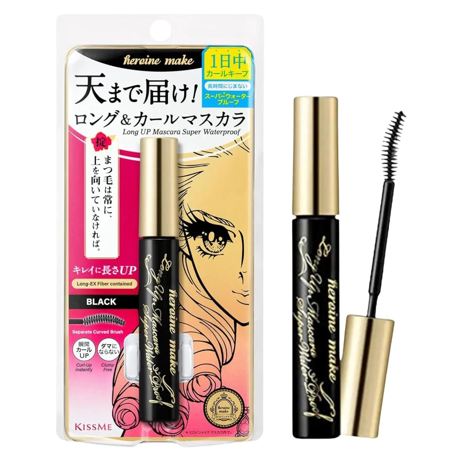 KISSME HEROINE MAKE Long & Curl Up Waterproof Mascara Black, Lengthening & Volume Fiber Tubing Makeup - WP 01 - Cosmetic