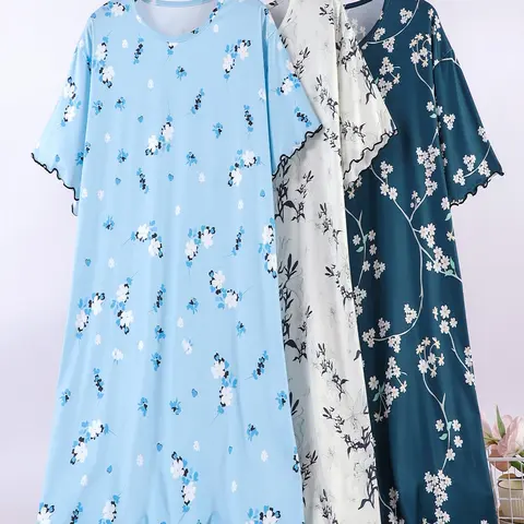 3-Pack Summer Short Sleeve Round Neck Sleepwear, Loose Fit Floral Print Pajamas, Soft Casual Nightdress, Comfortable Casual Everyday Home Wear, Indoor Loungewear, Elderly & Mom, Womenswear, Loungewear, Nightgown Sleepwear