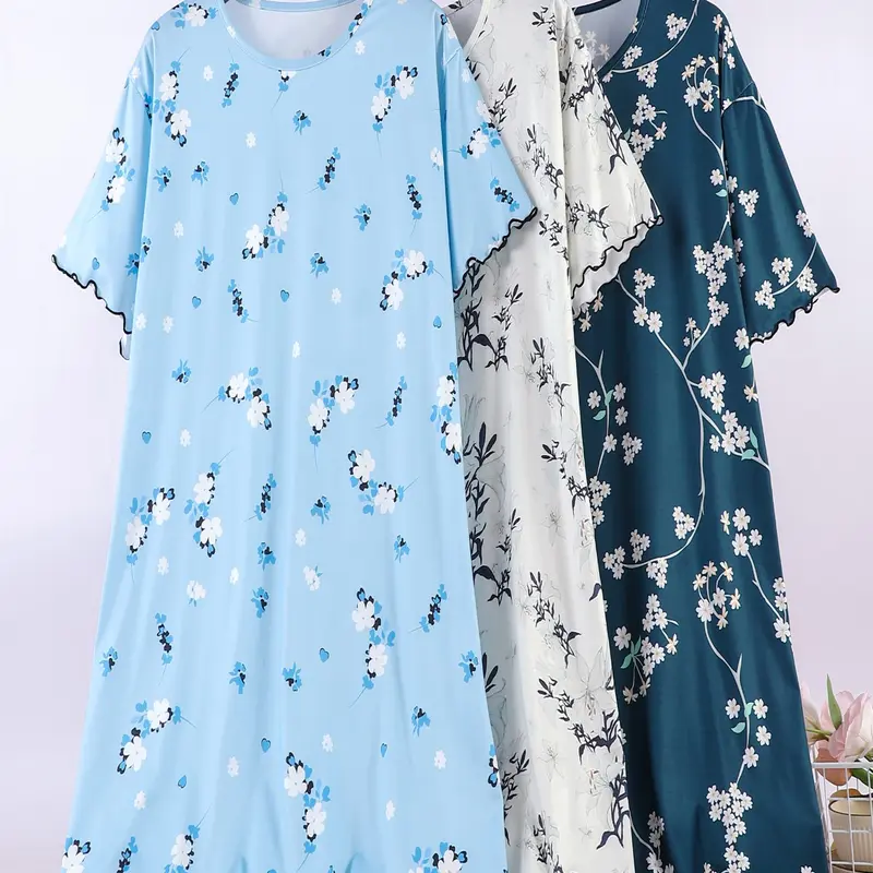 3-Pack Summer Short Sleeve Round Neck Sleepwear, Loose Fit Floral Print Pajamas, Soft Casual Nightdress, Comfortable Casual Everyday Home Wear, Indoor Loungewear, Elderly & Mom, Womenswear, Loungewear, Nightgown Sleepwear