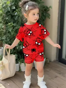 Red and black spider web hero suit with digital printing, 100% polyester short-sleeved suit for infants and young children, cute casual clothing for baby girls, suitable for daily and outdoor sports T-shirts, Baby Girl Clothes