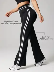 WAKYME Women's High-Waist Flare Yoga Pants Tummy Control Butt-Lifting Workout Leggings Double Side Striped Bottoms Activewear for Gym Best for Dressing Casual Sports Jogger Sweatpants