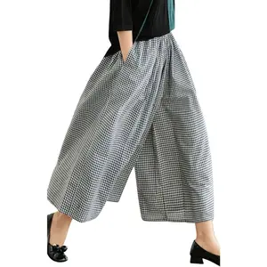 Women's Cotton Linen Pants Elastic Waist Plaid Gingham Wide Leg Capri Palazzo PantsGift