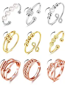 9Pcs Adjustable Anxiety Rings for Women Stacking Ring Set Cubic Zirconia Sunflower Butterfly Bead Fidget Rings Stress Relief Stacking Spinning Worry Ring