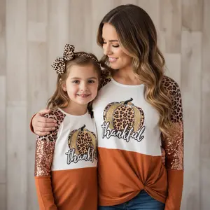 Mommy & Me - Thankful Leopard Pumpkin Tops