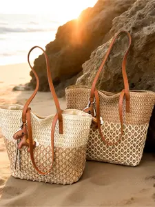 Fresh cure wind straw woven shoulder bag, two-color stitching design, spring and summer seaside resort daily commuter tote bag