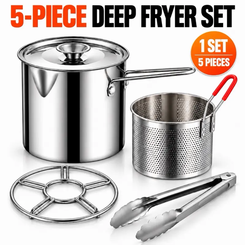 Stainless Steel 5-Piece Multi-Function Deep Fryer Pot Set with Fry Basket, Cover, Stove Rack, Tongs & Handles, Metal Kitchen Cookware for Frying, Boiling