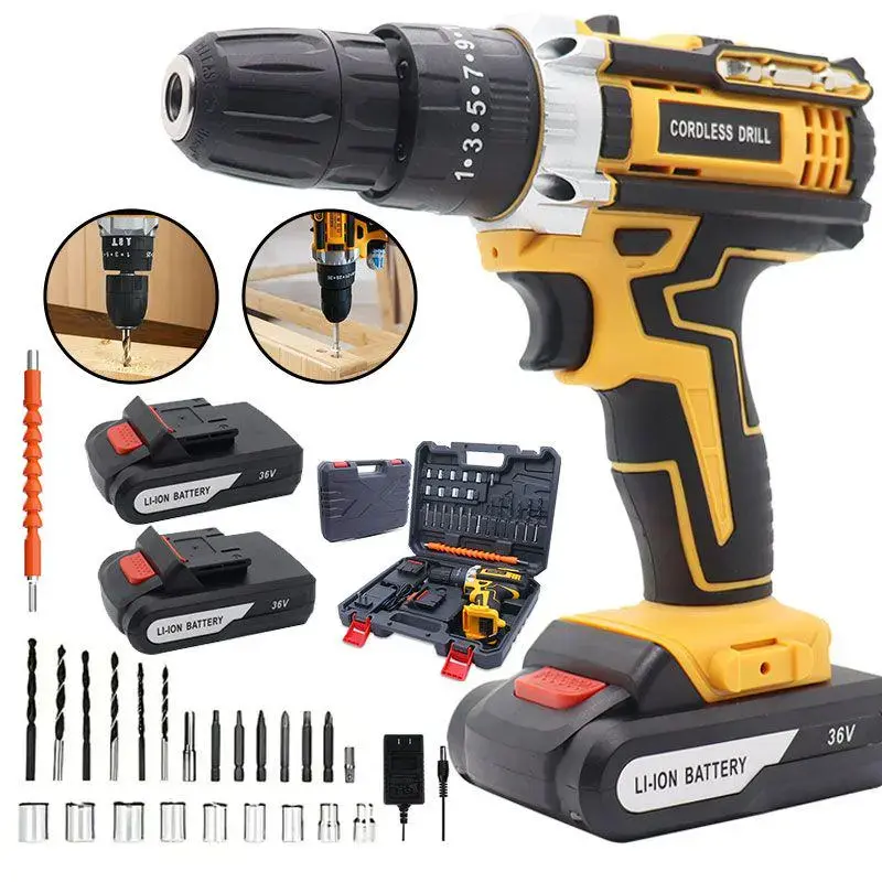 36V Cordless Drill Set - 29-Piece Home Improvement Electrical Kit with Keyless Chuck, 2-Speed, 45Nm Torque, LED Lights, 2 Batteries & Fast Charger for Home Repair, DIY Projects, 36V Drill