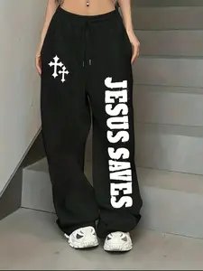 Women's Jesus Cross Print Casual Loose Fit Long Pants Bottom, Daily Wear Loungewear Versatile Straight Leg Wide Leggings, Home and Outdoor Use