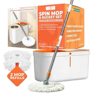 Spin Mop & Bucket Set - 360? Self-Wringing System, Stainless Steel Handle - Hands-Free Floor Cleaning for Hardwood, Tile, Laminate - Includes 2 Washable Microfiber Mop  Refills