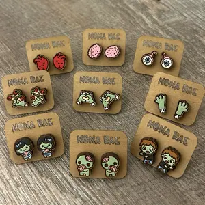 Zombie Stud Earrings – Halloween Body Parts, Brains, Eyeballs & Undead Designs – Laser Cut Wooden Earrings