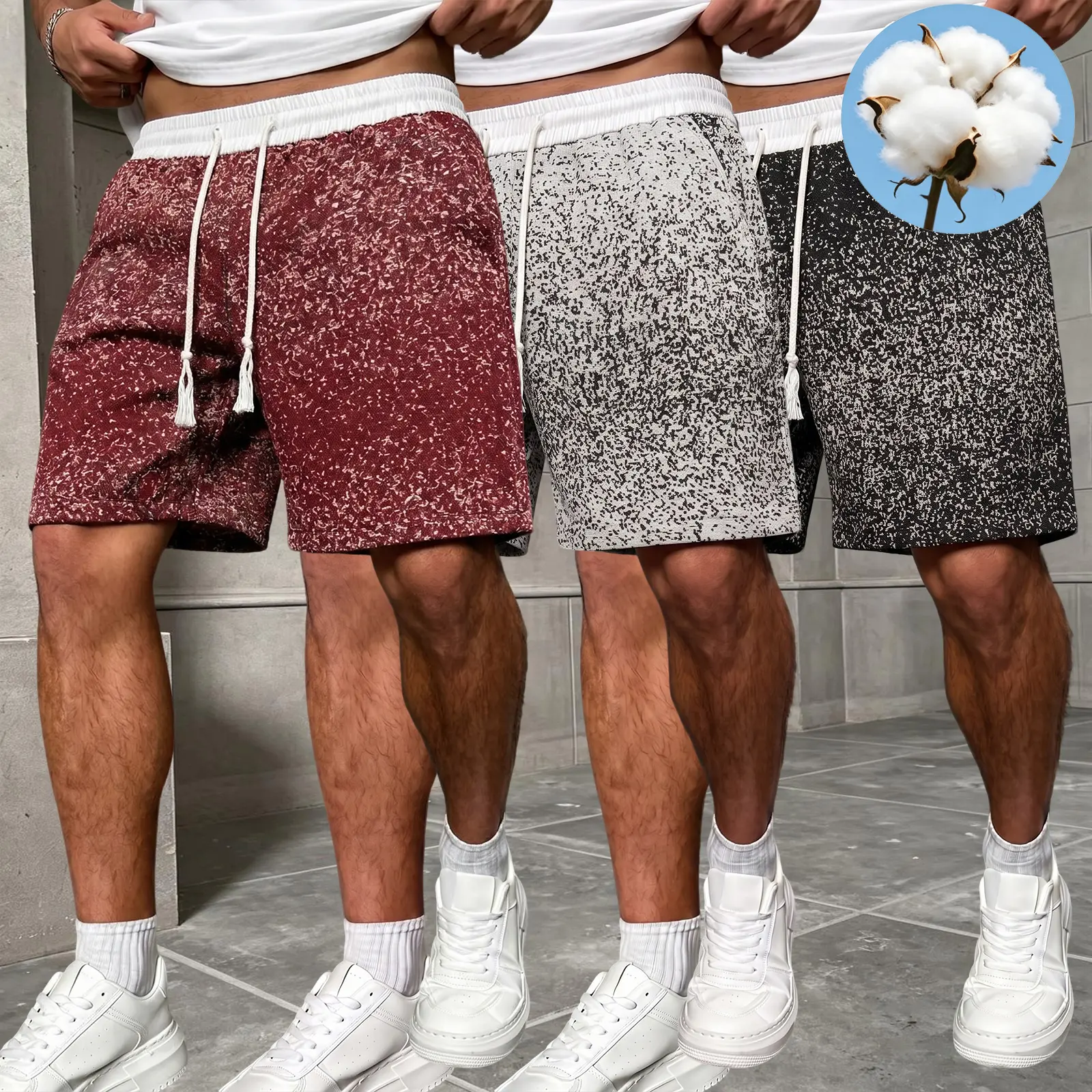 Men’s cotton casual shorts with a retro speckled pattern, elastic waistband, and drawstring tassels; loose straight-leg design for summer outdoor walking. Fabric Menswear