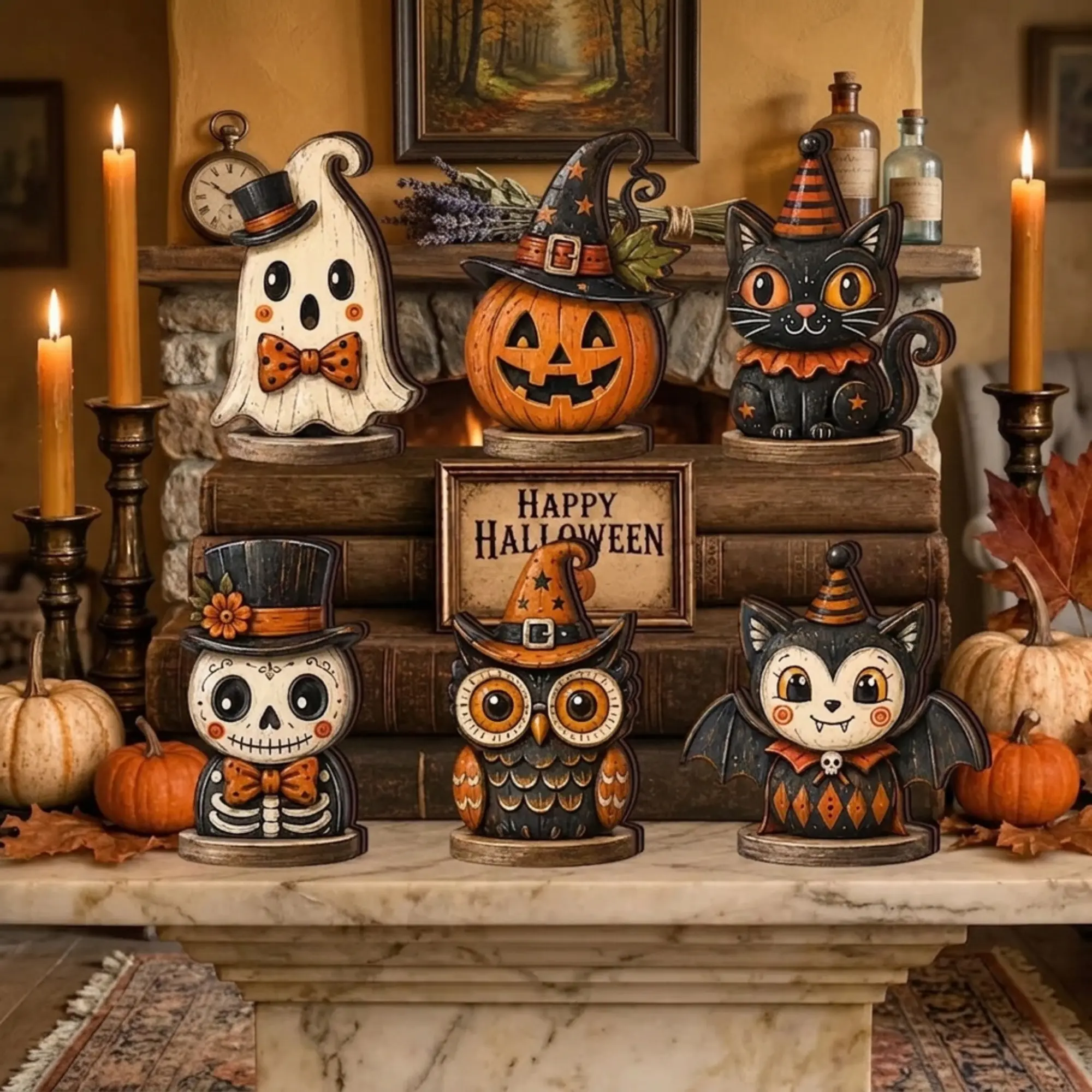 Halloween Wooden Block Decor, Cute Halloween Shelf Sitter Set, Ghost Pumpkin Black Cat Owl Skeleton Vampire, Farmhouse Mantel Decor