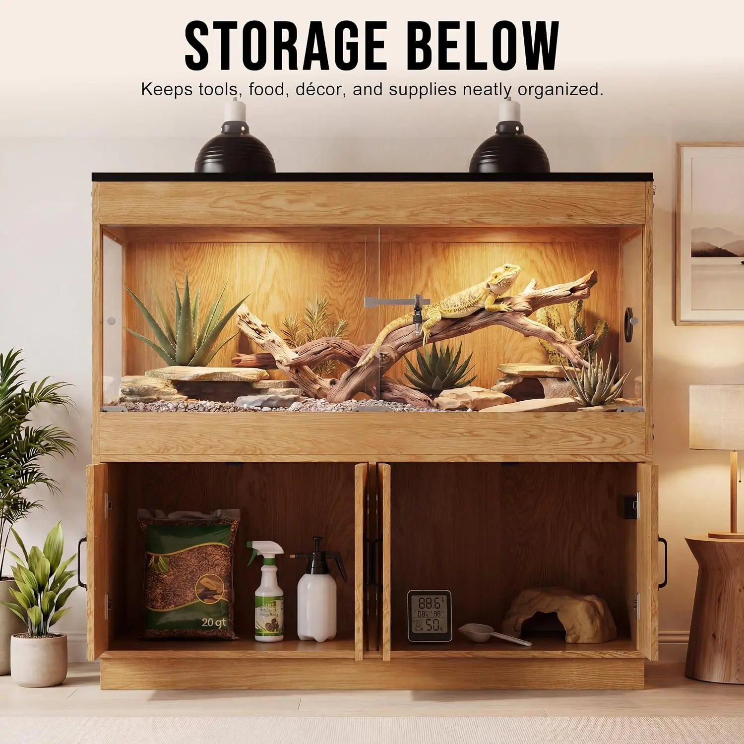 BELNET 120 Gal Wood Finish Reptile Terrarium Tank with 4x2x2 Stand, Storage Cabinet, Glass-Acrylic Panels, Lockable Door, Locking Mesh Top, Built-In Power, Airflow Vent, 2-Box Home Enclosure
