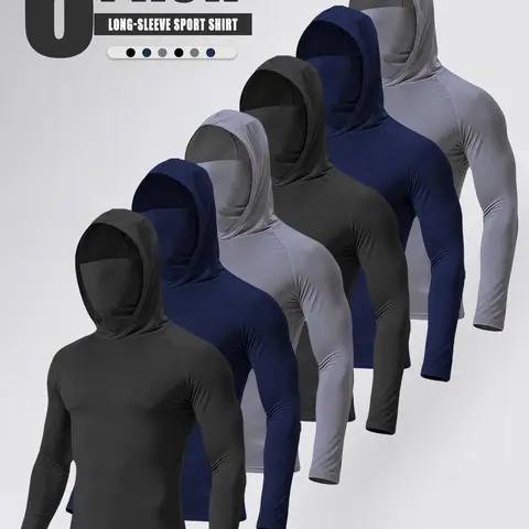 SKYWEHYD Men’s 6-Pack Athletic Fit Hoodies with Integrated Face Mask Protection, Elastane-Polymer High-Stretch Compression Fabric, Quick-Dry, Breathable, UV-Protective, Windproof Outdoor Sports Tops for Fishing, Biking (TikTok Shop Back to School)