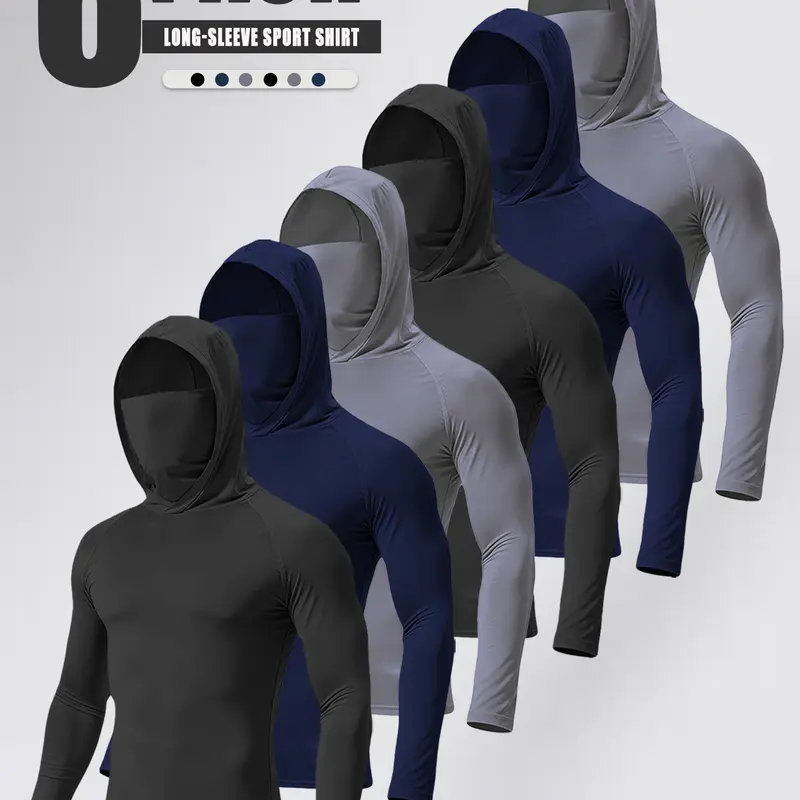 SKYWEHYD Men’s 6-Pack Athletic Fit Hoodies with Integrated Face Mask Protection, Elastane-Polymer High-Stretch Compression Fabric, Quick-Dry, Breathable, UV-Protective, Windproof Outdoor Sports Tops for Fishing, Biking (TikTok Shop Back to School)