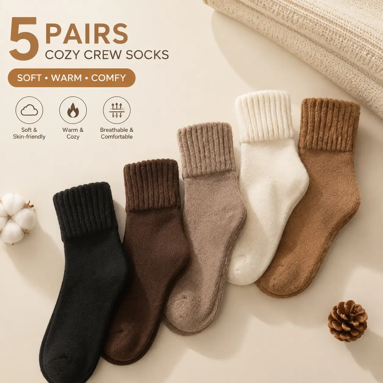 TYGLOBAL Women's Soft Warm Mid-Calf Socks, Solid Color Fuzzy Cozy Socks for Fall Winter, Comfortable Casual Crew Socks for Daily Wear, Home, Office, Travel & Cold Weather