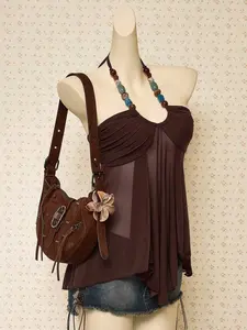 Y2k Halter Western Boho Vintage Brown Country Concert Babydoll Flowy Beaded Women's Beaded Tie-Up Ruched Fashion Halter Tank Top, Summer