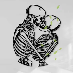 Gothic Romantic Skeleton Couple Metal Wall Decor, Embrace Design with Floral Accents, Perfect for Halloween Wedding Cemetery Decoration