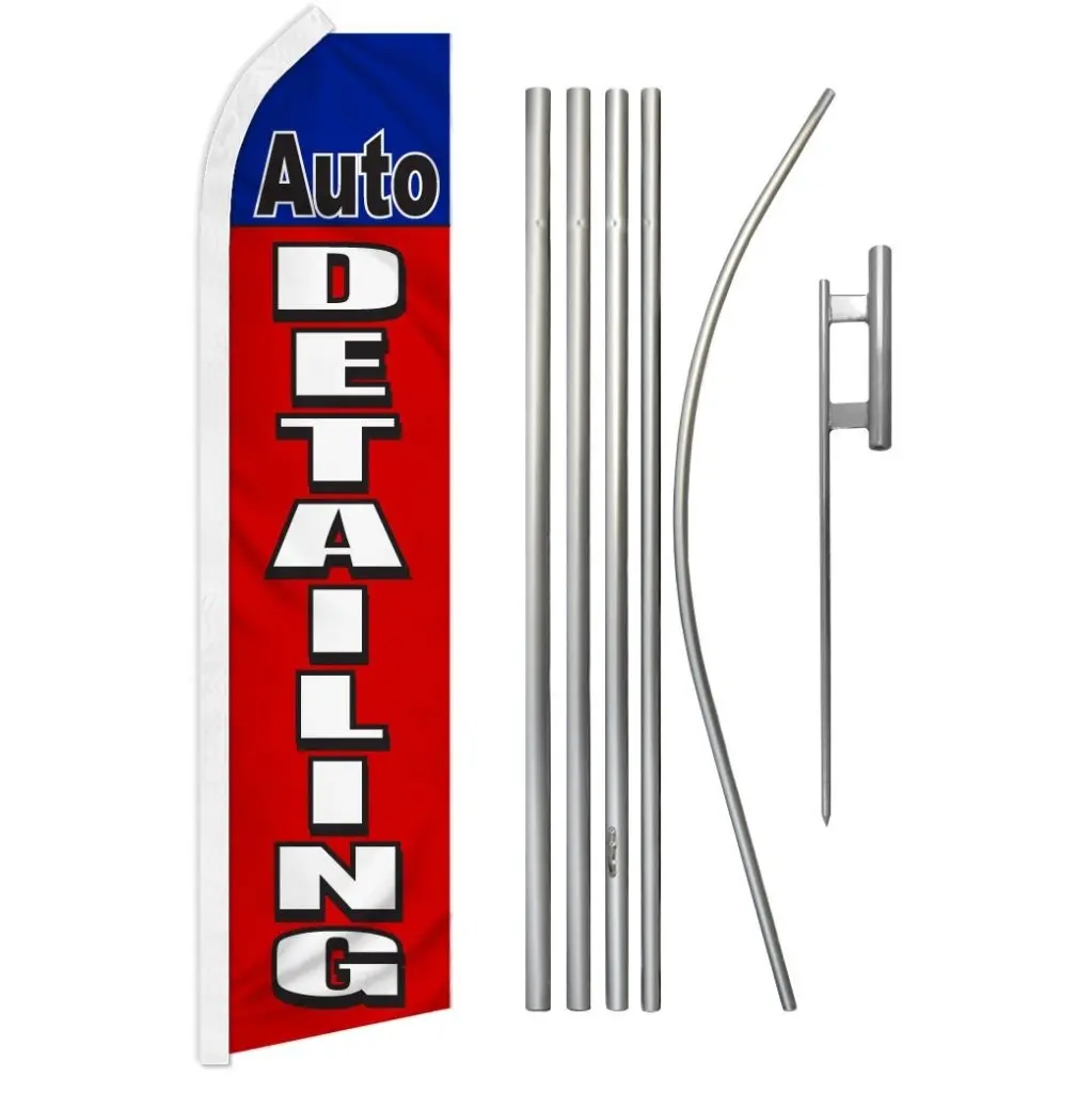 Large Size Outdoor Steel-Aluminium Auto Detailing Banner Kit for Business Advertising - Steel Pole, Synthetic Polyester Red & Blue Free-Flying Super Flag with Unique Print, Wind-Resistant, Easy-Install, 11.5ft x 2.5ft