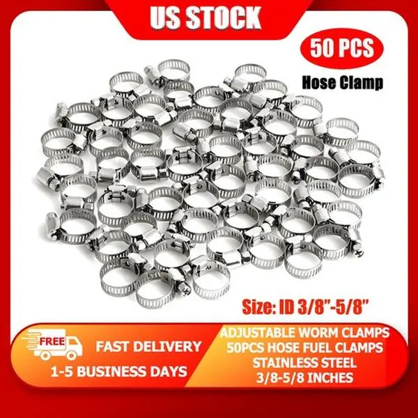 Stainless Steel Worm Clip, 3/8-5/8 Inches Adjustable Drive Hose Fuel Line Clamp with 5/16 Inches Compatibility, Industrial & Marine Use, 50 Pieces