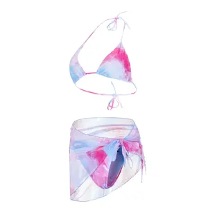 Shamofeng 3-Piece Tie Dye Swimwear Set Bikini Top Cheeky Bottom Cover-Up Sarong Quick-Dry Light Purple Swimsuits