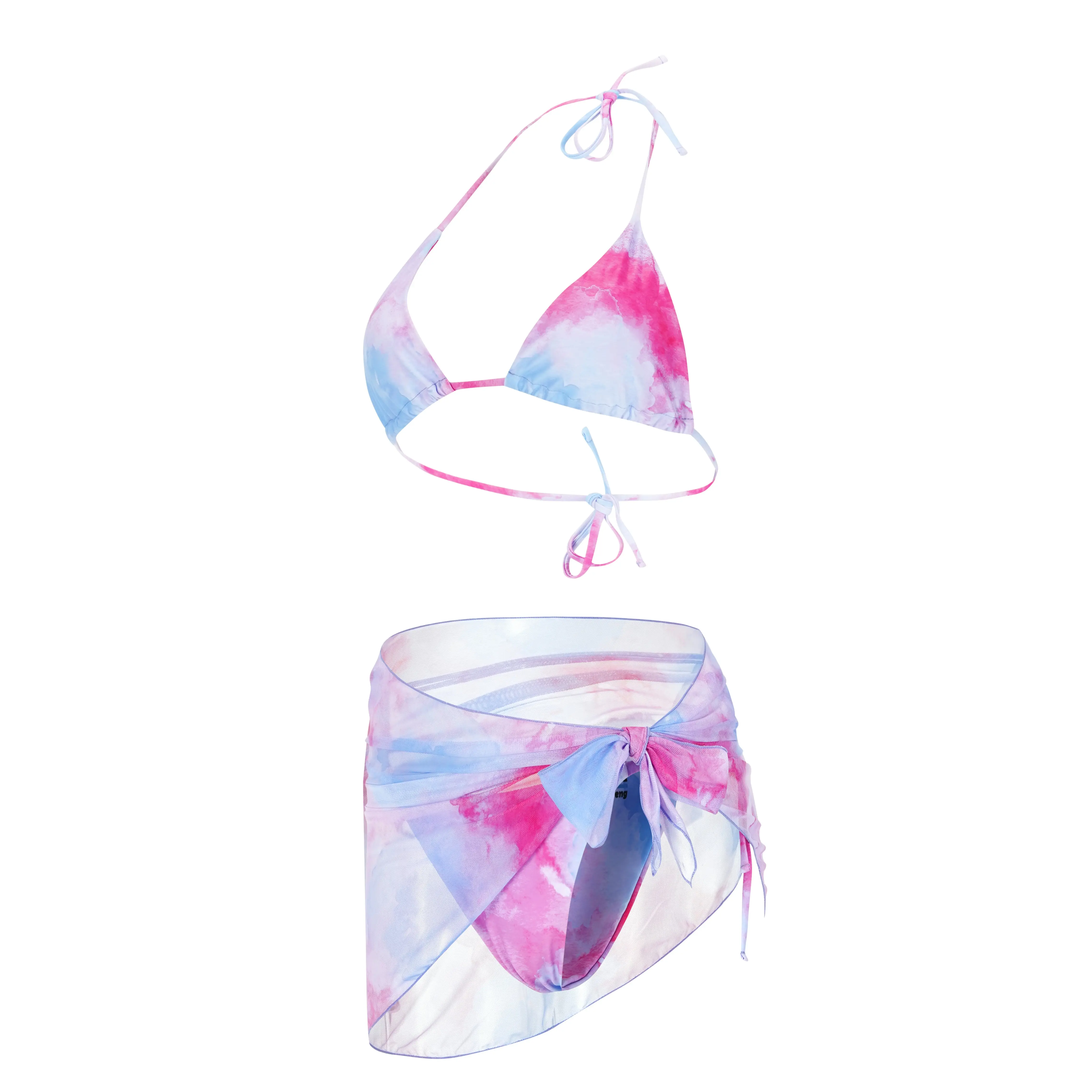 Shamofeng 3-Piece Tie Dye Swimwear Set Bikini Top Cheeky Bottom Cover-Up Sarong Quick-Dry Light Purple Swimsuits