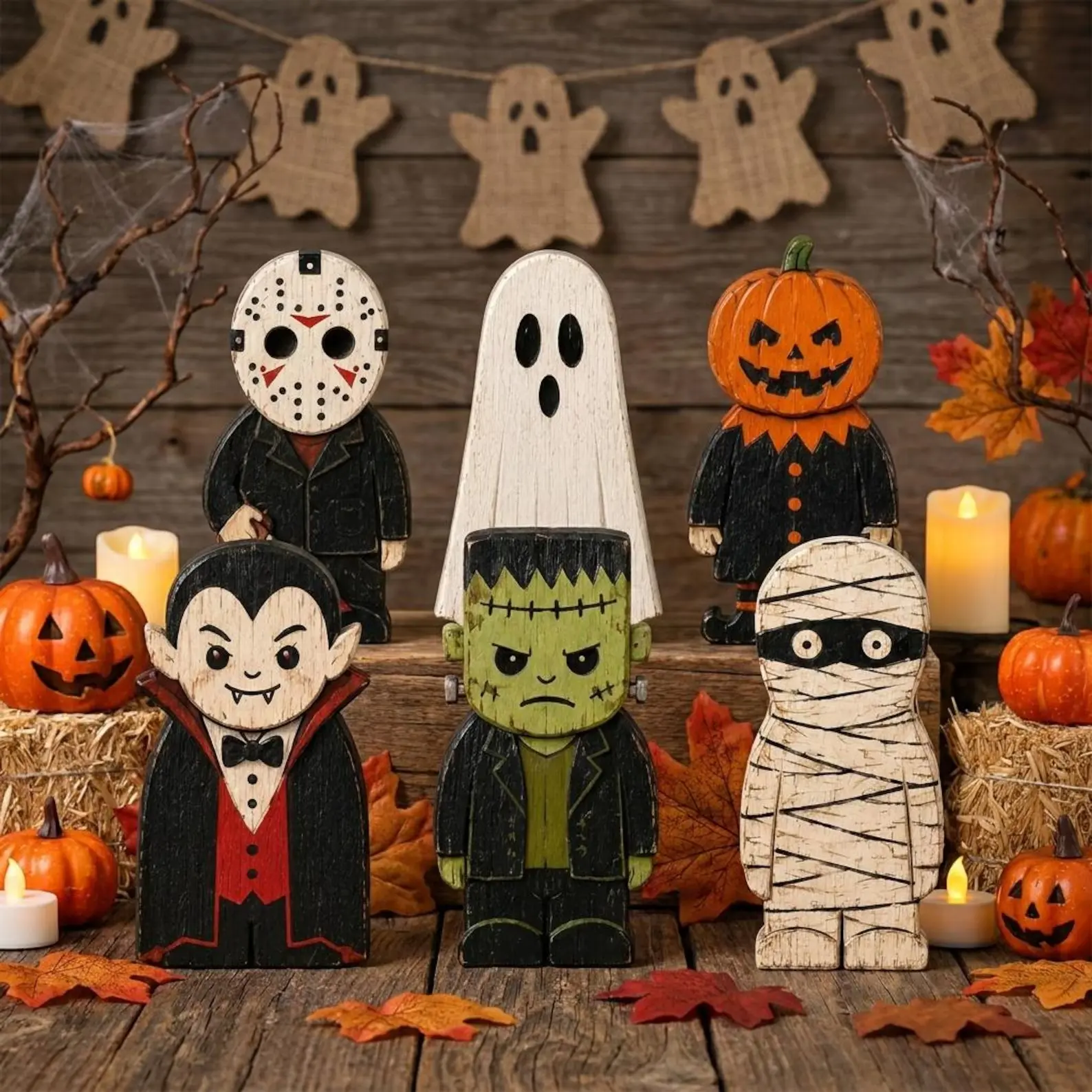 Retro Halloween Wooden Block Decor Set, Spooky Character Shelf Sitters, Vampire Mummy Ghost Pumpkin Frankenstein Rustic Home Decor