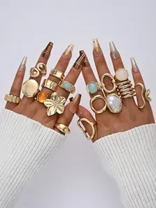17-Piece Ring Set, Metal Colorful Gemstone Floral Imitation Pearl, Boho Style, Wide Band, Stackable Rings, Party, Date, Birthday Gift