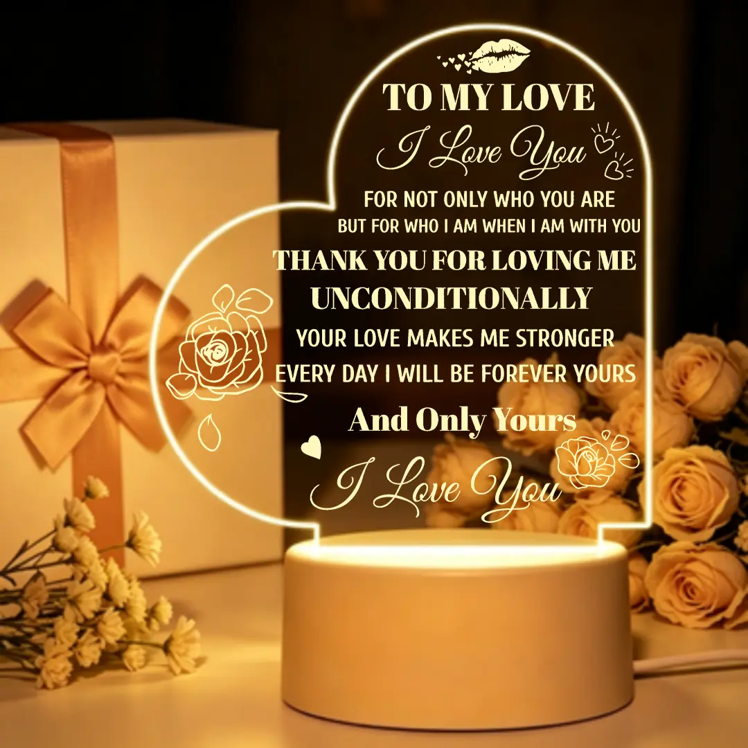 To My Love Romantic Night Light, Heart Shaped I Love You Acrylic LED Lamp, Thank You for Loving Me Unconditionally, Anniversary Valentine's Day Gift for Partner, Sweet Couple Desk Decor