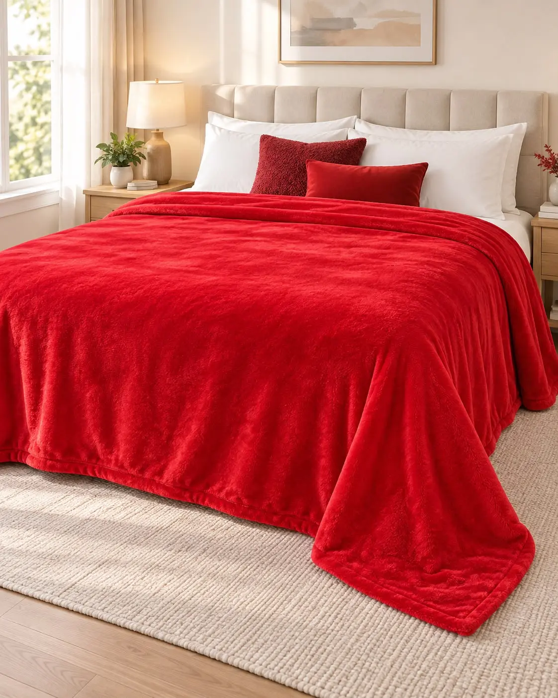 Ultra-Soft Red King-Size Flannel Throw, Cozy Bedding Linen for Home Use