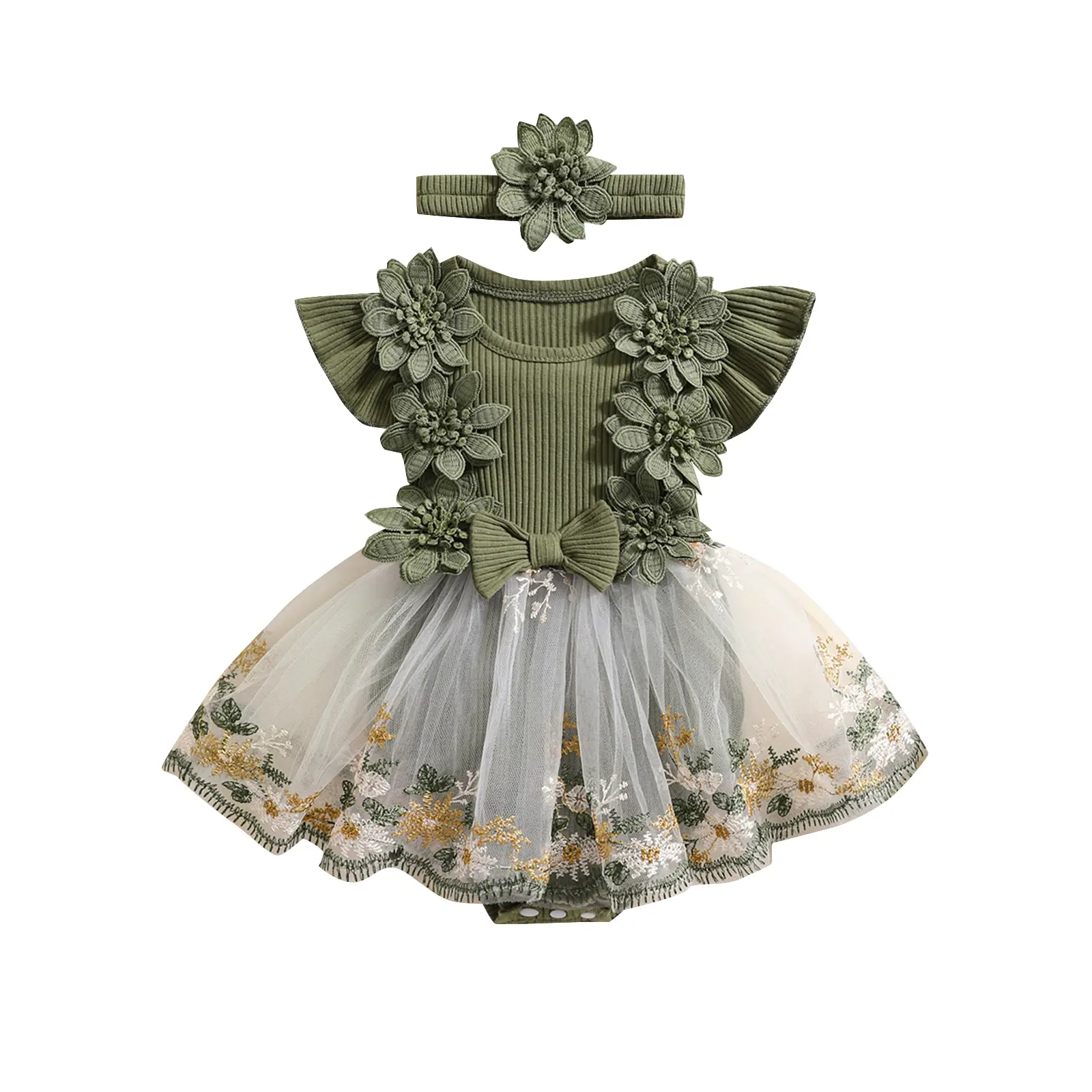 Baby Girl Bows Romper Dress Cute Flowers Embroidery Mesh Tulle Skirt Hem Onesie Bodysuit Outfit Summer Clothes, Baby Clothing, Infant