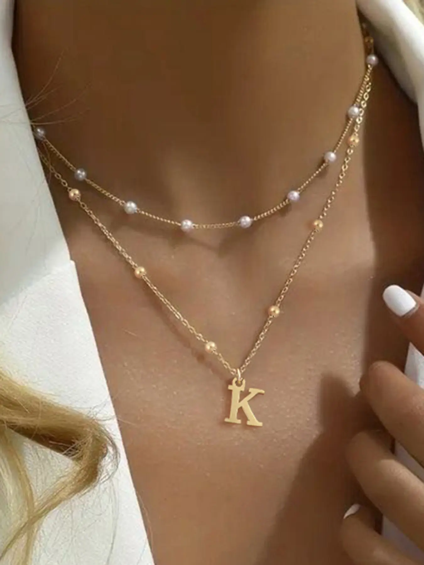 2Pcs/Set Initial Pendant Necklace Women Simple Fashion Golden Stainless Steel Bead Layered Necklaces For Women, Dainty Layering Jewelry, Trendy Jewelry, Modern Versatile Accessories