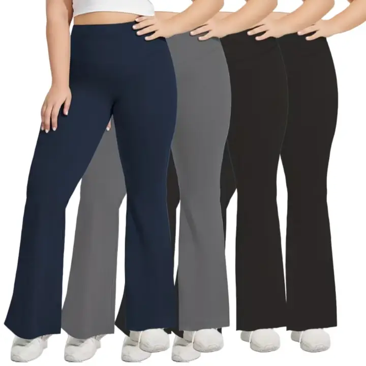 Women's 4-Pack High-Waisted Crossover Plus Flare Leggings - Tummy Control, Soft Elastic Fitted Stretch Wide Bootleg Yoga Pants, Athleisure Activewear Bottoms, High Waist Tummy Control Pants, Elastic Comfortable Pants