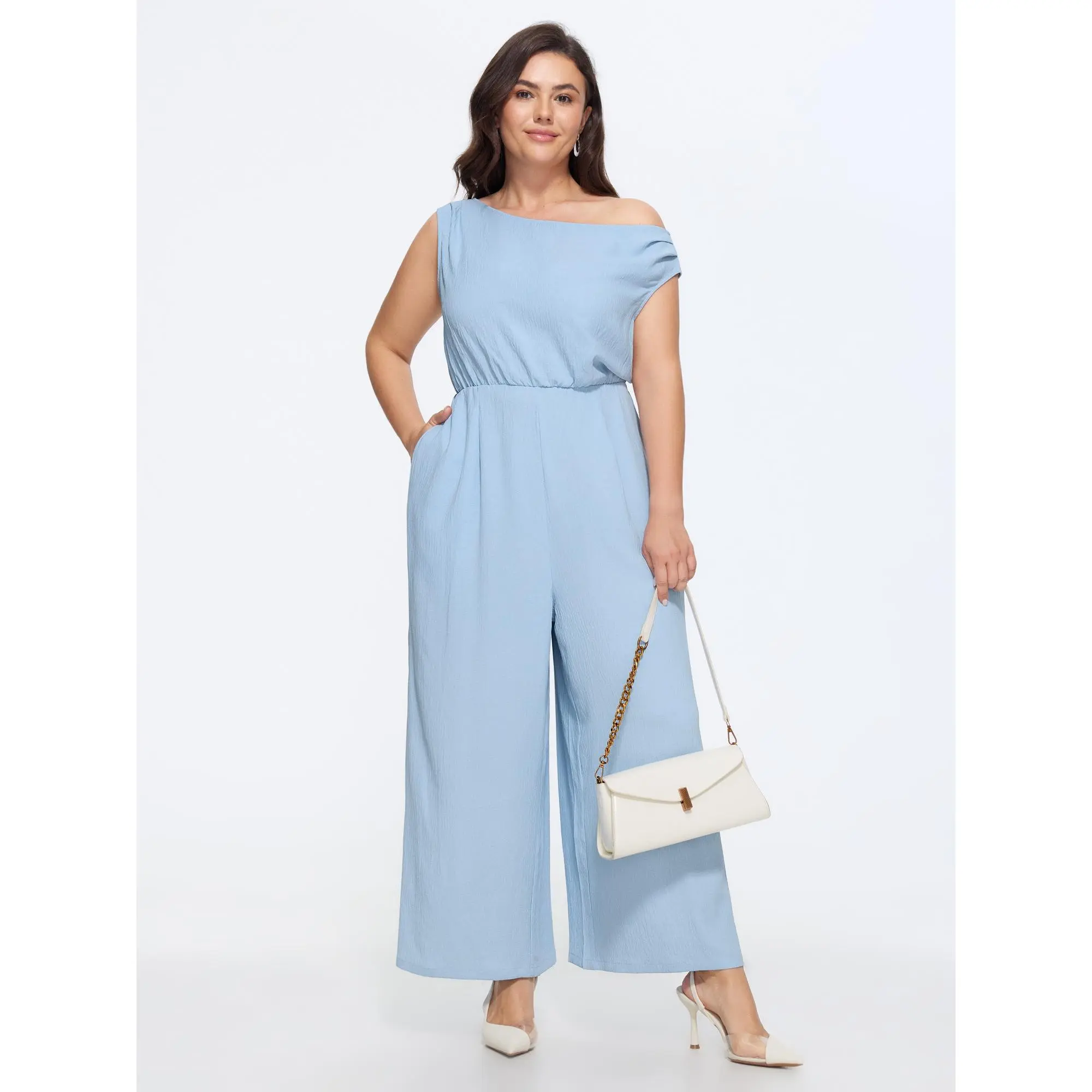 BLOOMCHIC Plus Size Textured One Shoulder Pocket Wide Leg Jumpsuit[M-6X] 2026 Summerfinds
