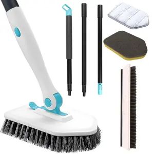4-in-1 Shower Scrubber with 56” Long Handle & Squeegee, Stiff-Bristle Grout Brush, Scrub Sponge & Microfiber Pad for Bathroom, Bathtub & Tile Cleaning