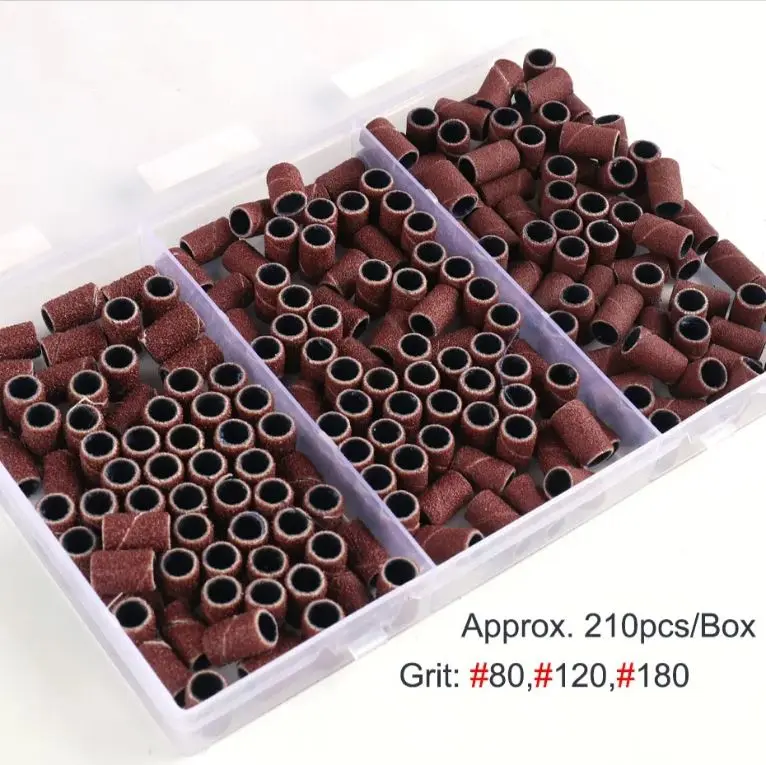 210pcs/Box Manicure Sanding Cap Bands Set - 80-120-180 Grit Nail Filing Drill Bits for Smooth Natural Nails, Home Spa Abrasive Tool