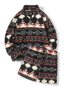 Men's Teddy Fleece Loose Two-Piece Set, Half-Zip Hoodie & Shorts, Ethnic Pattern, Casual Winter, Comfortable Fall Clothing