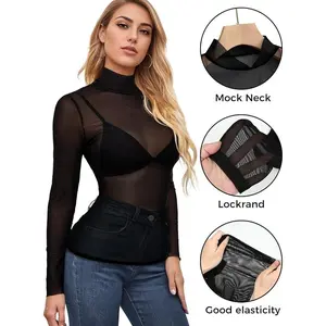 Women's Mesh Tops Long Sleeve Sheer Blouse, Fishnet Tops Plus Size, High Neck Clubwear Shirt
