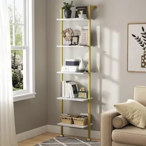 5-Tier Ladder Bookcase, Tall Narrow Bookshelf for Small Spaces, Modern Book Storage Organizer Case Open Shelves for Living Room, Bedroom,Office, Library, Gold and White