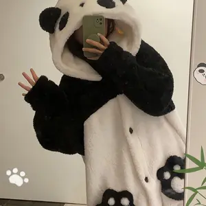 Women's Cute Cartoon Panda Pajamas Set, Long Thick Flannel Sleepwear, Cozy Home Wear for Fall & Winter, Perfect Holiday Gift