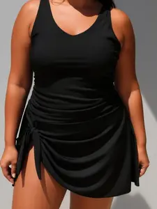 Must-have for plus-size curvy girls｜2026 Summer Plus Size Black Swimsuit Dress Suitable for Full-Figured Women Conservative One-Piece Swimsuit Full Coverage Slim Fit One-Piece Swimsuit Conservative and Confidence-Boosting Slim Style -SummerVibes