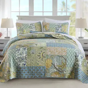 Quilt Set Queen Size, 100% Cotton Patchwork Green Bohemian Quilt Sets, Reversible Bedspread Lightweight and Breathable for All Seasons, Soft Quilted Bedspread with 2 Pillow Shams