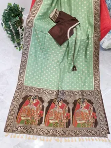 Mint Sage Green Munga Banarasi Crepe Silk Saree with Bridal Pallu & Brown Blouse