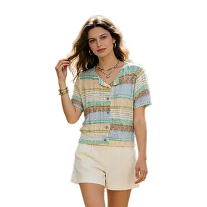 Chouyatou Women's V-Neck Color Block Striped Knit Cardigan Short Sleeve Button Up