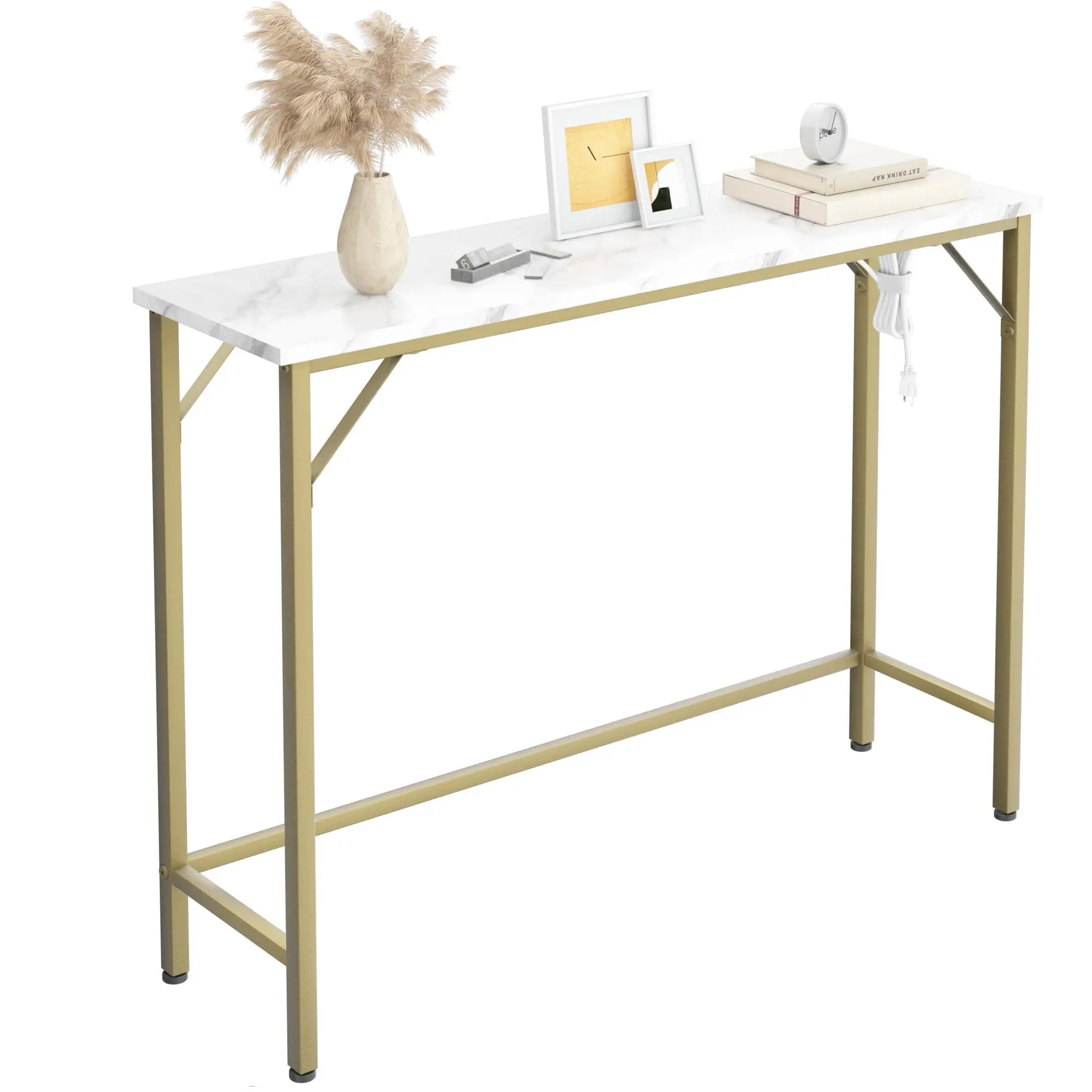 GAOMON Narrow Console Table, Gold Sofa Table with Outlets, Behind Couch Table for Living Room, Hallway Table for Entryway-Gold & White
